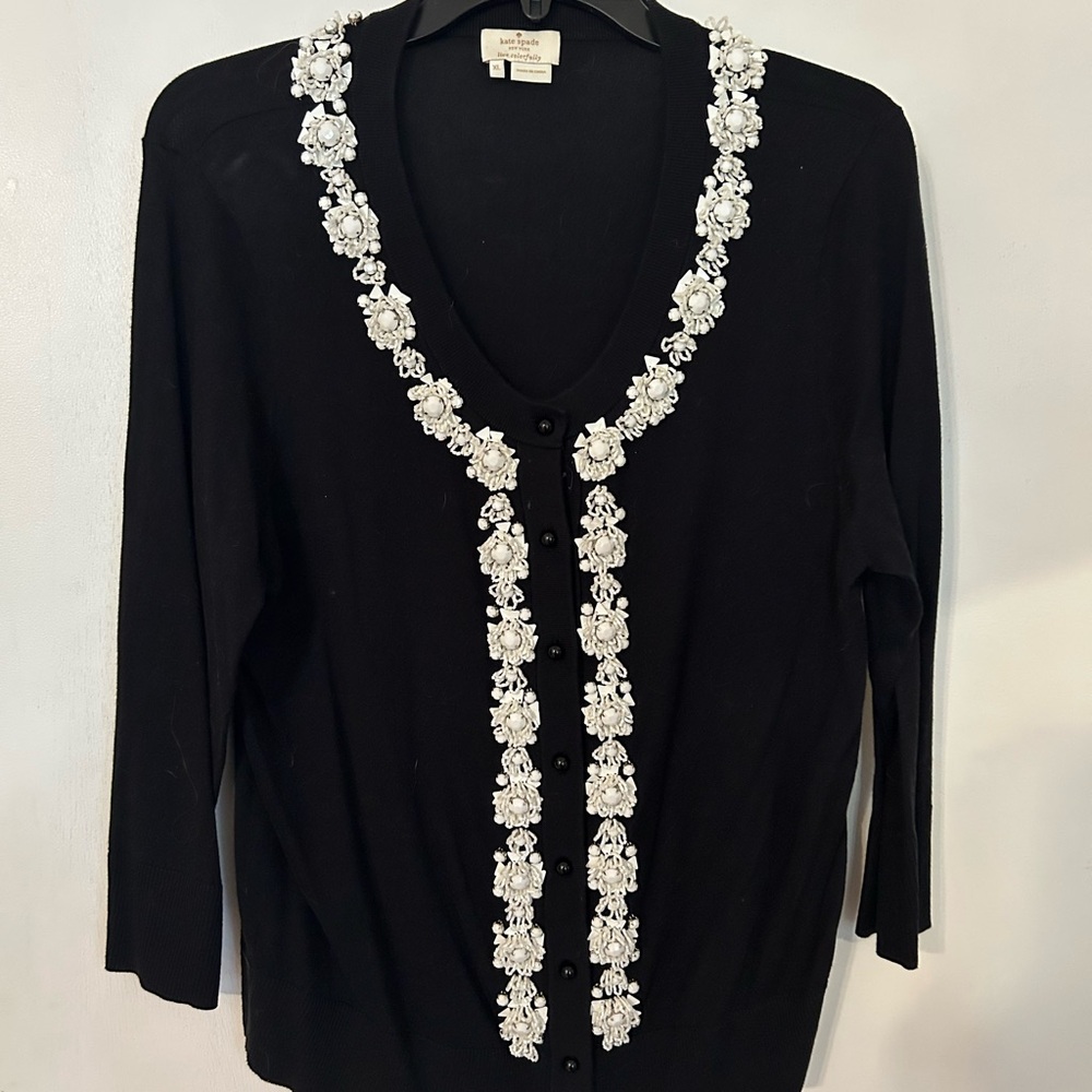 Kate Spade Black Cardigan with White Floral Embellishments